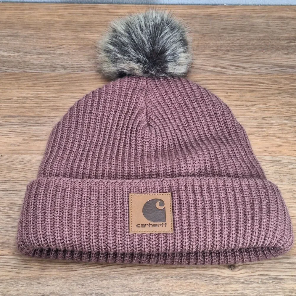 Carhartt Womens Hat Pink Pom Fleece Lined Knit Faux Fur Beanie Soft Mauve